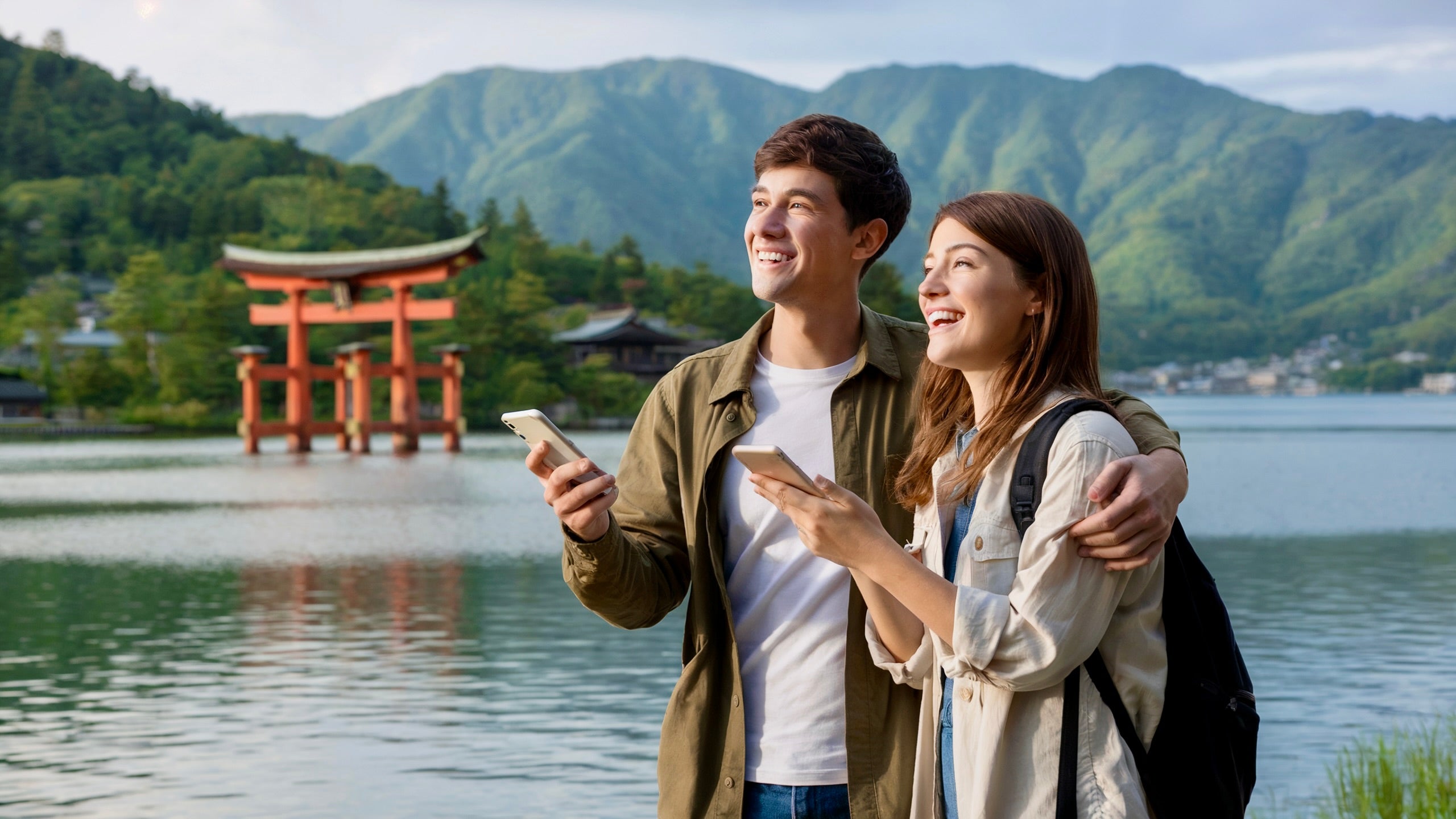 Giovane coppia in viaggio in Giappone davanti a un torii, con smartphone e Pocket WiFi, felici e connessi durante l'esplorazione