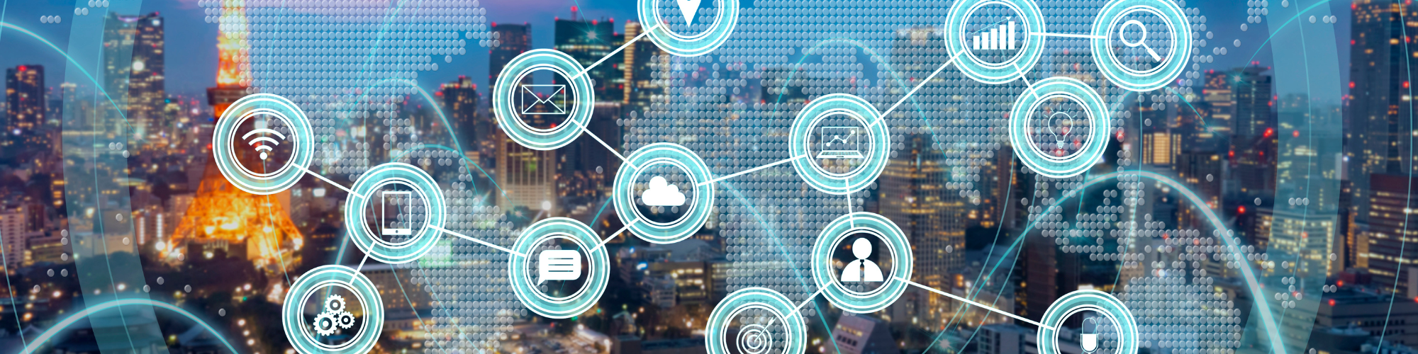 Rete digitale e connettività globale sullo sfondo dello skyline di Tokyo: simbolo della smart city e dell’accesso a internet in Giappone