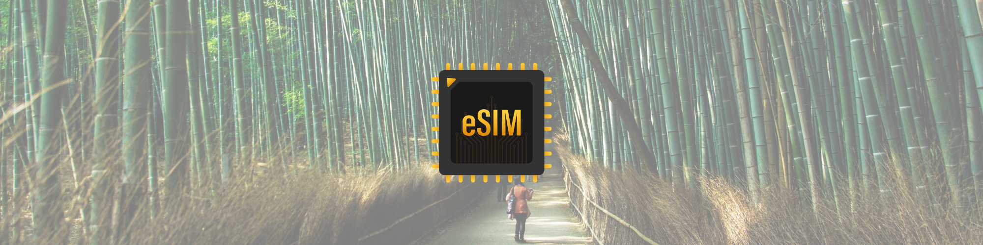 Icona eSIM su sfondo con foresta di bambù in Giappone, perfetta per viaggiatori con smartphone compatibili