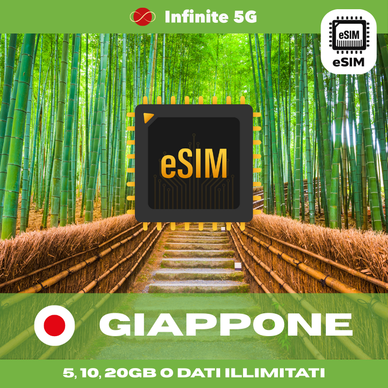 eSIM per il Giappone con piani da 5GB, 10GB, 20GB o dati illimitati. Attivazione immediata e internet veloce con Infinite 5G.