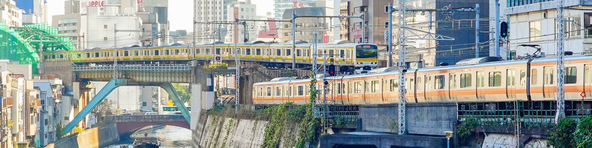 Incrocio tra treni della Chūō Line rapida e della Chūō-Sōbu Line a Tokyo, in un paesaggio urbano con fiume e ponti