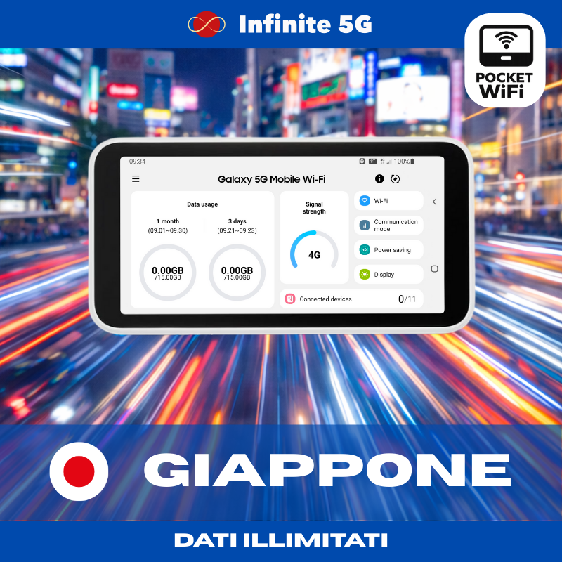 Pocket WiFi Ultra 5G con dati illimitati per il Giappone. Ideale per viaggiare senza limiti, condividere la connessione e restare sempre online con Infinite 5G.