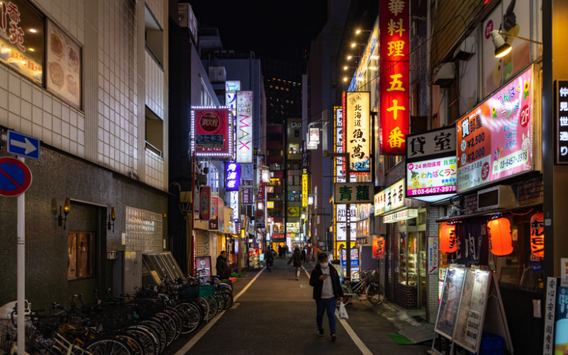 Strada di Tokyo di notte con insegne luminose e ristoranti: atmosfera urbana tipica della vita notturna giapponese